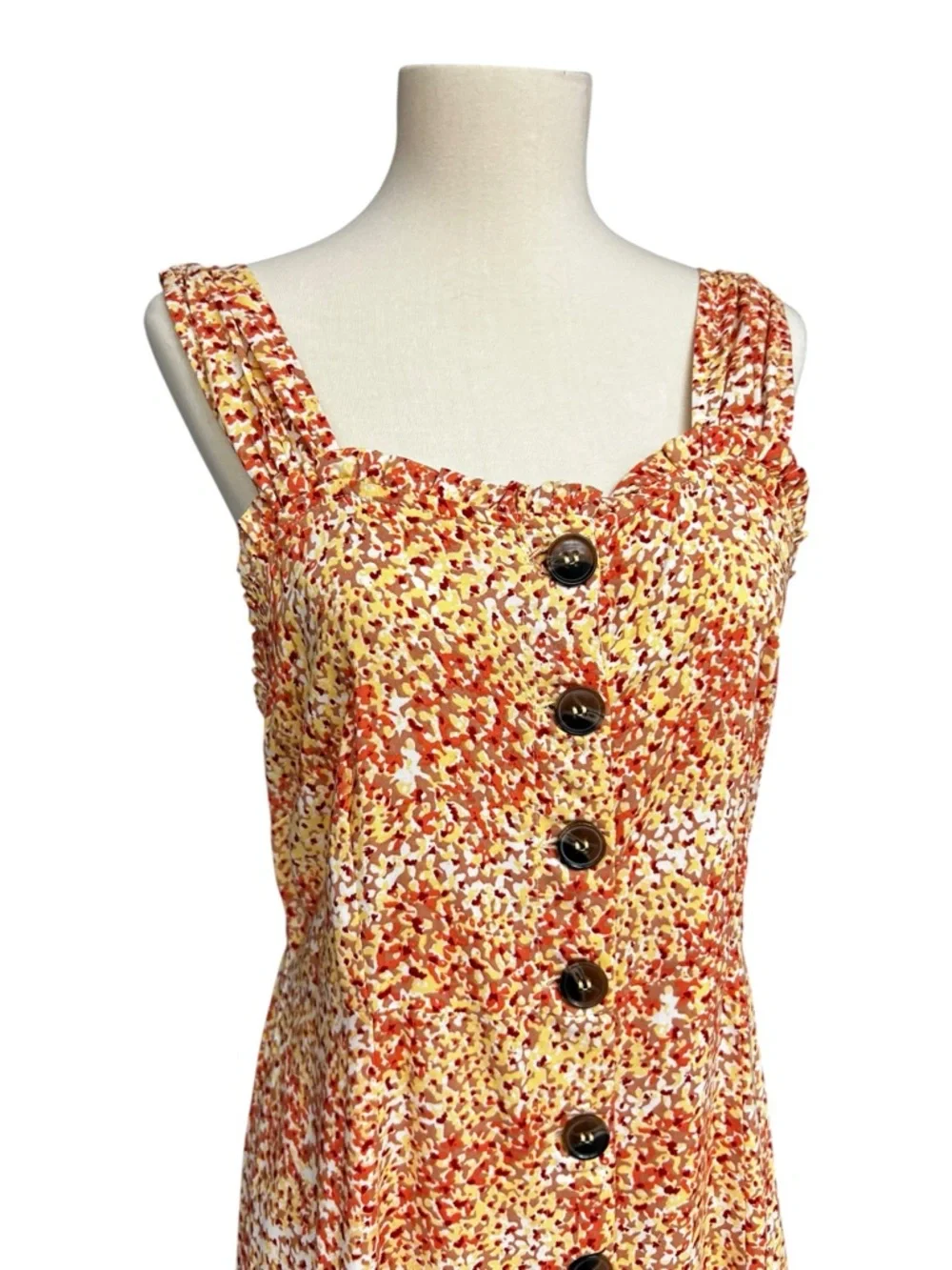 Japna Yellow Orange Floral Maxi Dress Button Front Smocked Back Size L - Picture 6 of 10